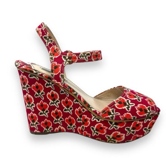 Prada Vintage Le Voyageur Collection 2012 Floral Wedge Platform Sandals Red 40.5 - Picture 7 of 16